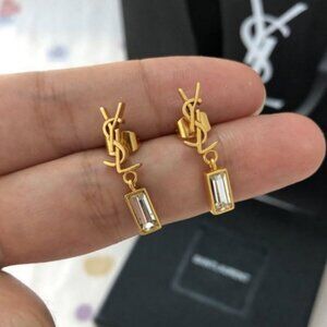 SAINT LAURENT YSL Cassandre Baguette Crystal Drop Earrings Gold